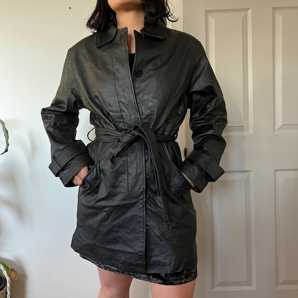 Vintage 1990s Bagatelle Black Leather Belted Coat Minimalist Grunge 90s‎ Jacket
